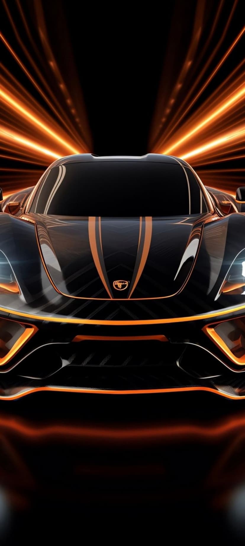 Sleek black supercar features glowing orange accents and light trails against a dark, minimalist backdrop.