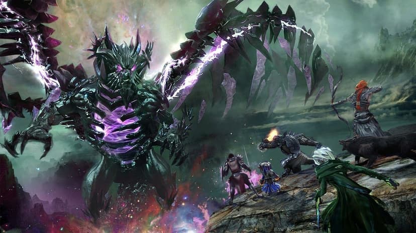 A party of fantasy heroes stands on a rocky ledge facing a massive shadowy dragon with glowing purple energy wings.