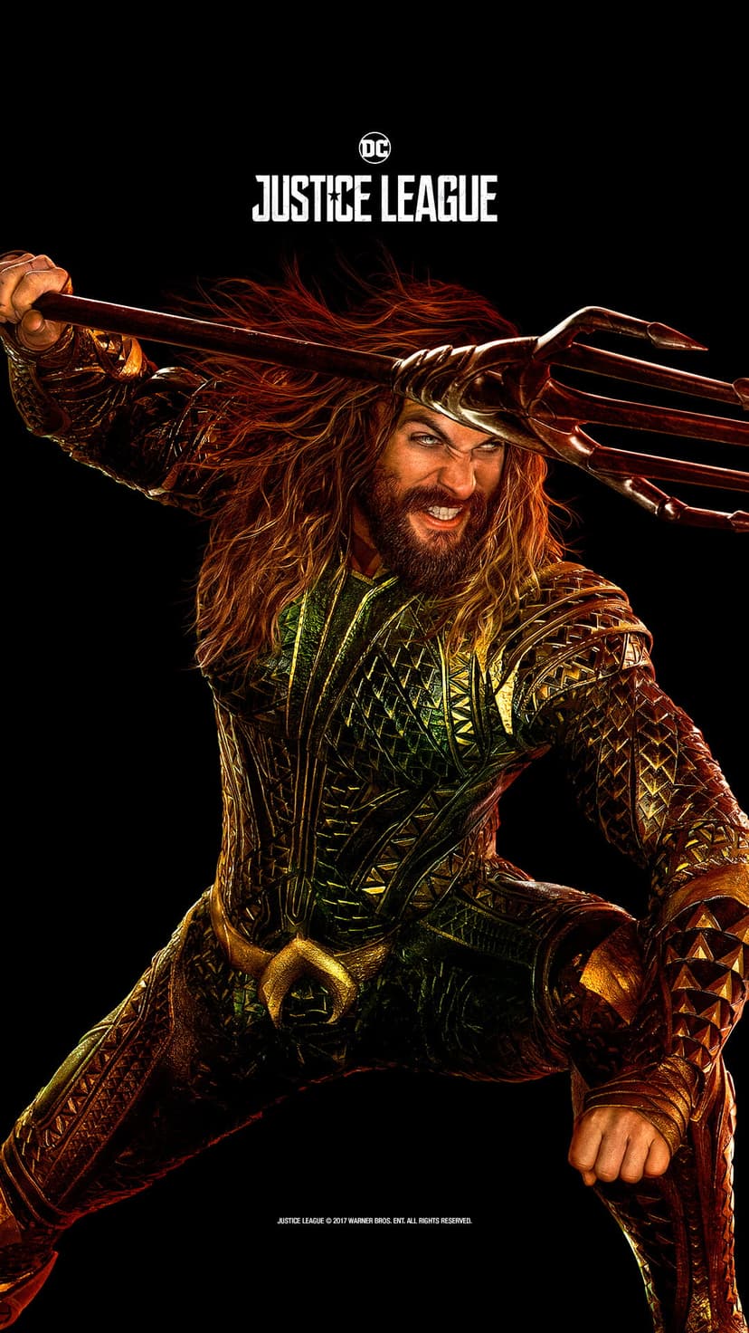 Aquaman roars while holding a golden trident upward, wearing scaled metallic armor in a dark cinematic setting.