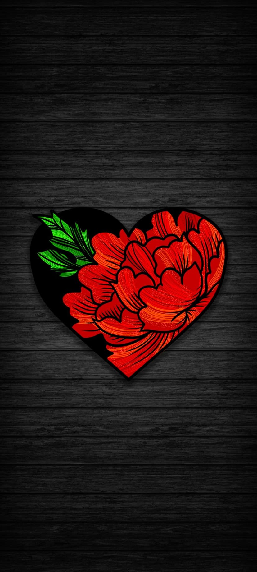 Red peony flower on a black heart silhouette rests over dark, weathered wooden planks with visible grain.