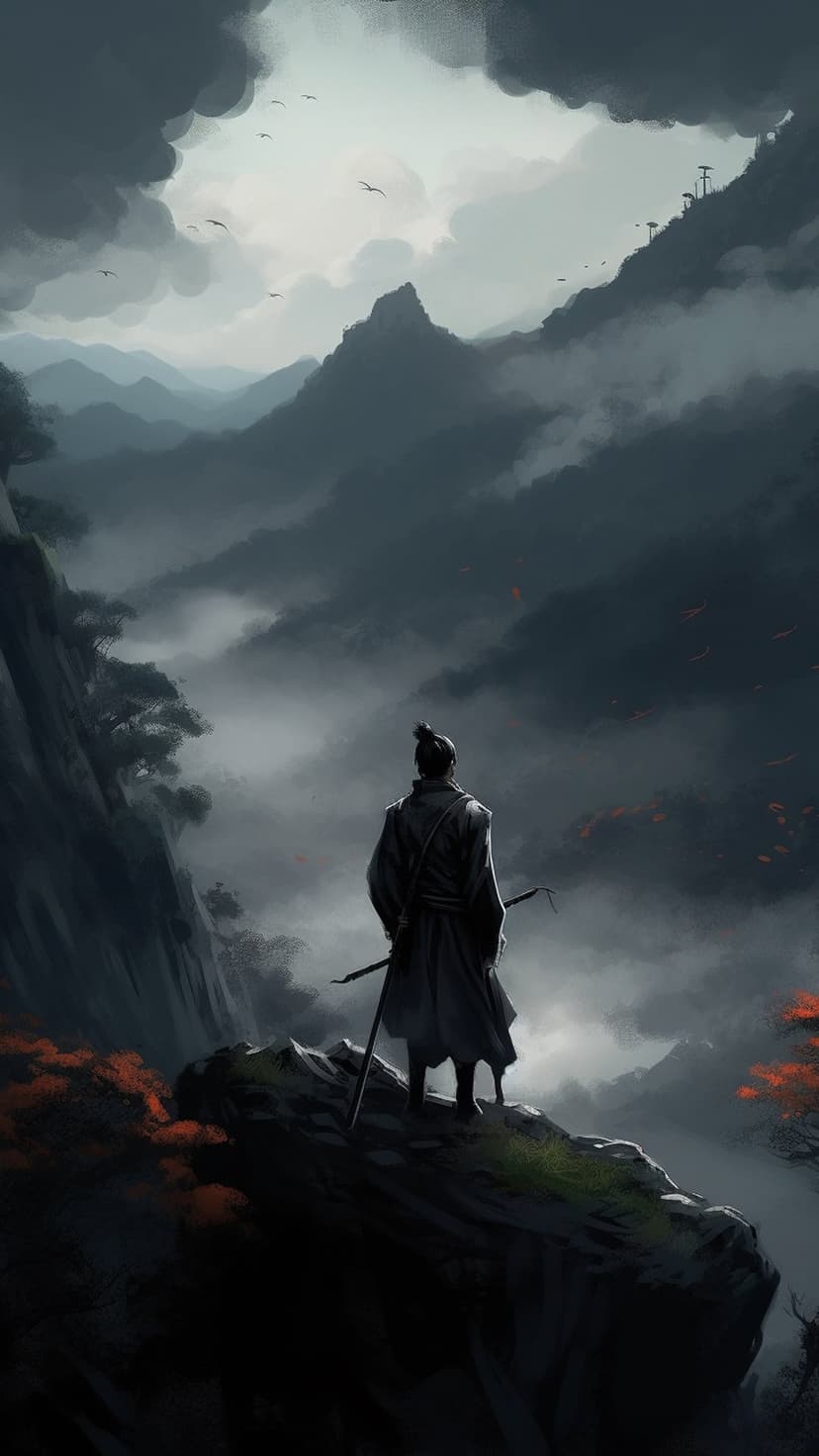 Samurai warrior in traditional robes stands on a rocky ledge facing misty peaks and dark, clouded mountain ridges.