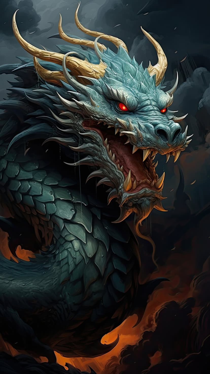 Blue dragon with radiant red eyes and golden horns snarls amidst dark swirling clouds and orange embers.