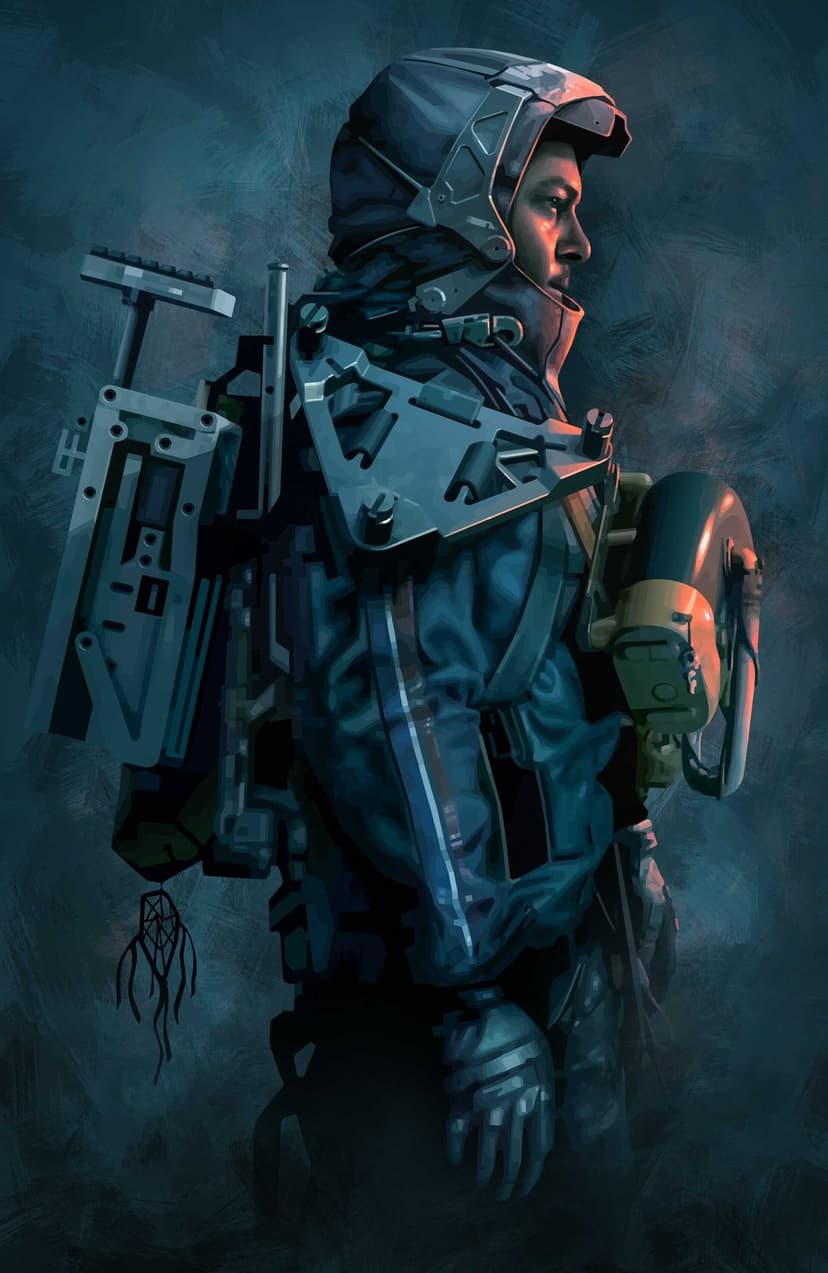Sam Porter Bridges wearing a futuristic exoskeleton and cargo gear in a teal and orange digital painting.