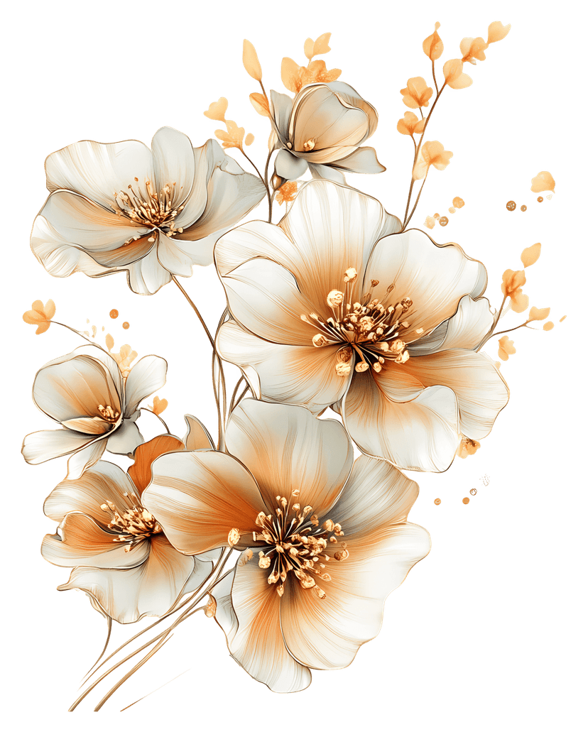 Gold and beige vintage flower arrangement featuring layered orange petals and botanical leaves on a clear base.