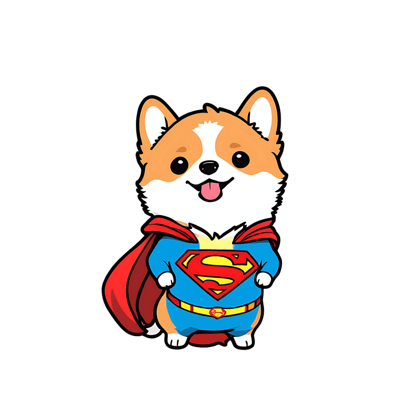 Corgi superhero wearing red cape and blue suit with yellow shield logo in glossy sticker style front view.