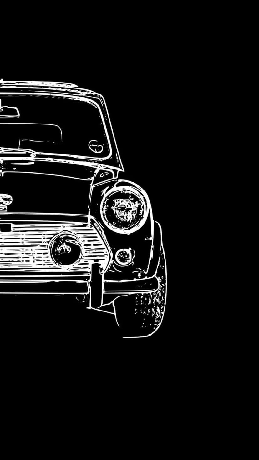 Classic Mini Cooper front facade rendered in white minimalist line art against a solid deep black background.