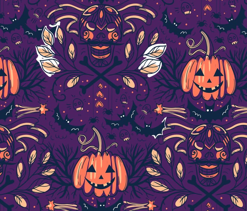 Grinning jack-o'-lanterns, white skulls, and bats fly among autumn leaves on a dark purple background.