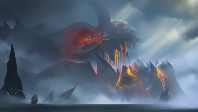 Colossal dragon mountain peak with glowing orange magma veins rising above thick white fog under dramatic sunbeams.