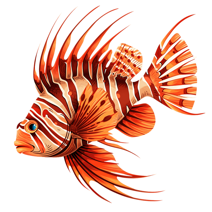 Lionfish Pterois illustration showing orange white stripes and venomous dorsal spines against black background.