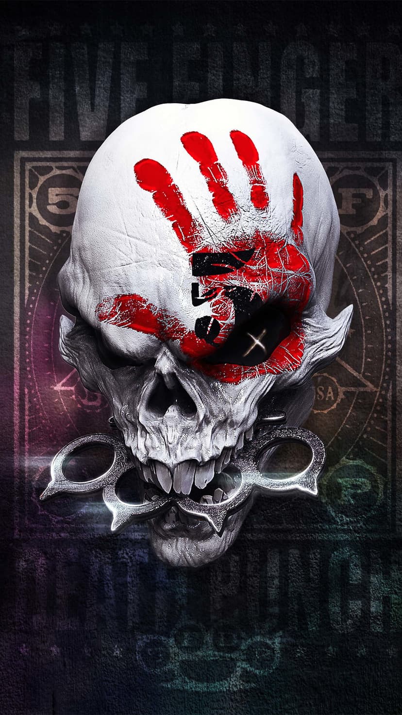 Skull with a red handprint and brass knuckles in its mouth against a dark textured background with band logos.