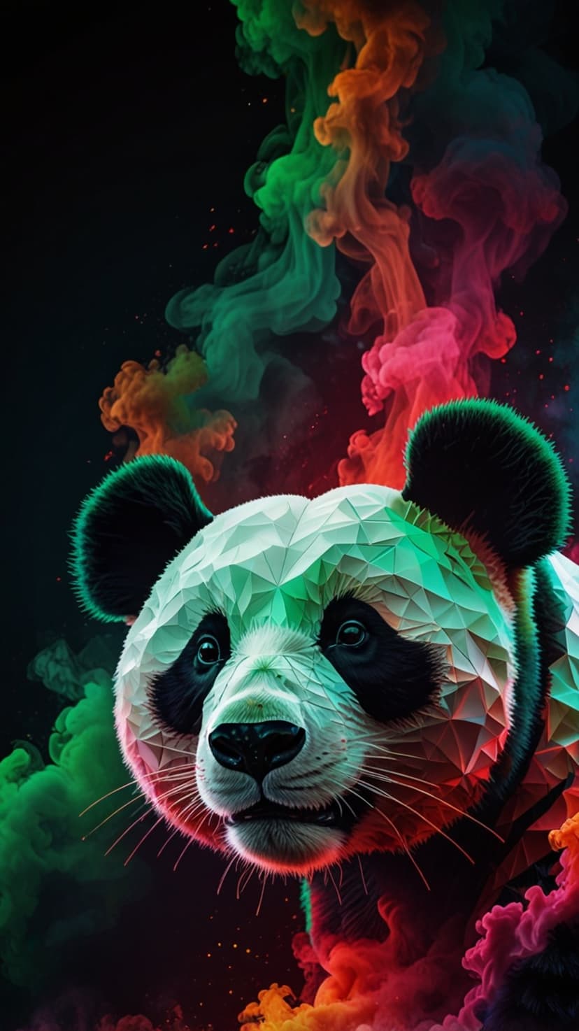 Panda with a faceted geometric face peers through swirling plumes of neon green, pink, and orange smoke.