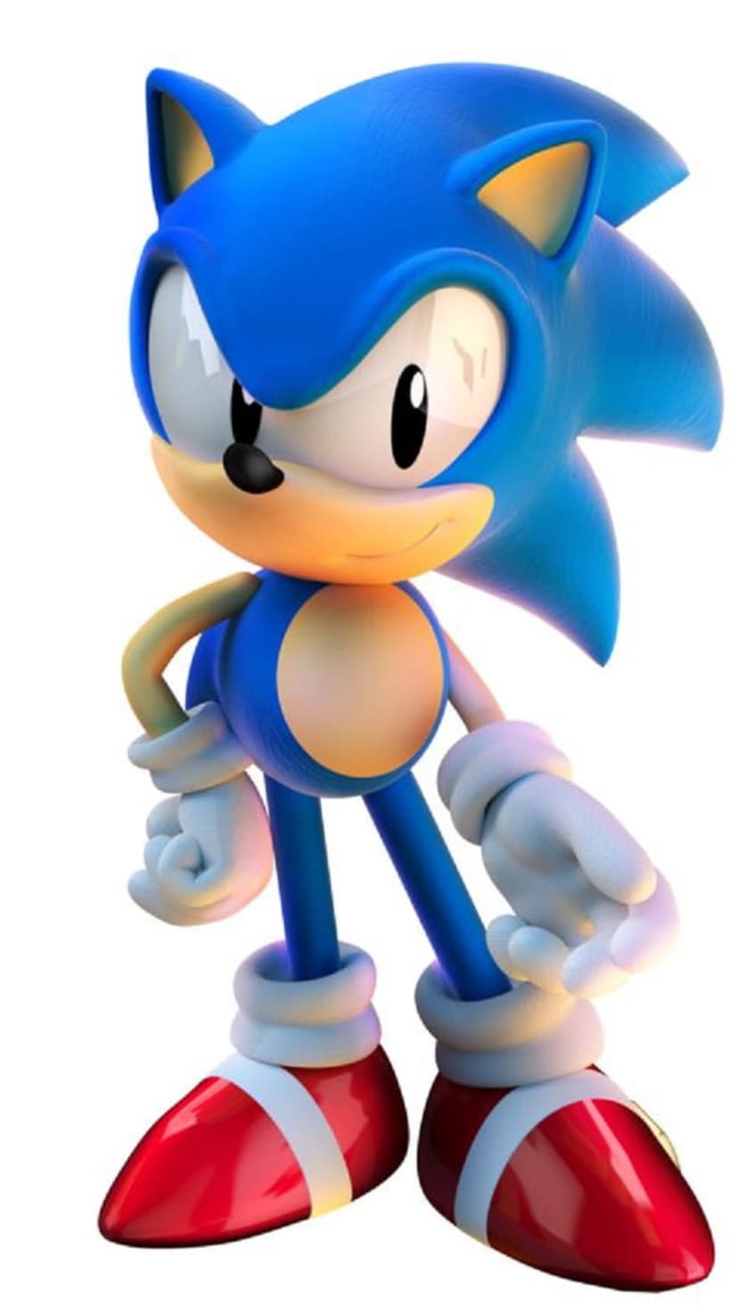 Sonic the Hedgehog stands in a classic pose with blue quills, white gloves, and red sneakers on a clean backdrop.