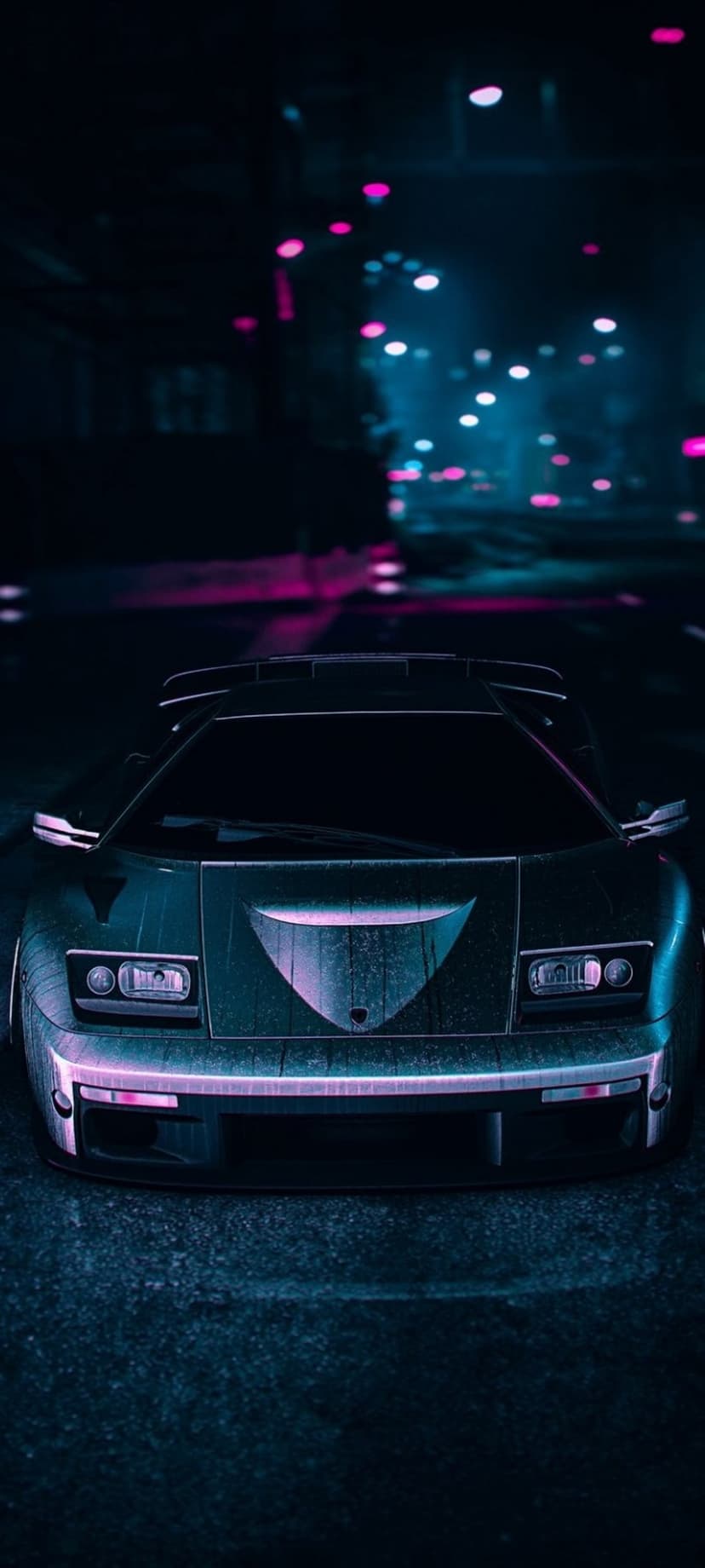Black sports car on wet city streets reflecting vibrant pink and blue neon lights under high-tech skyscrapers.