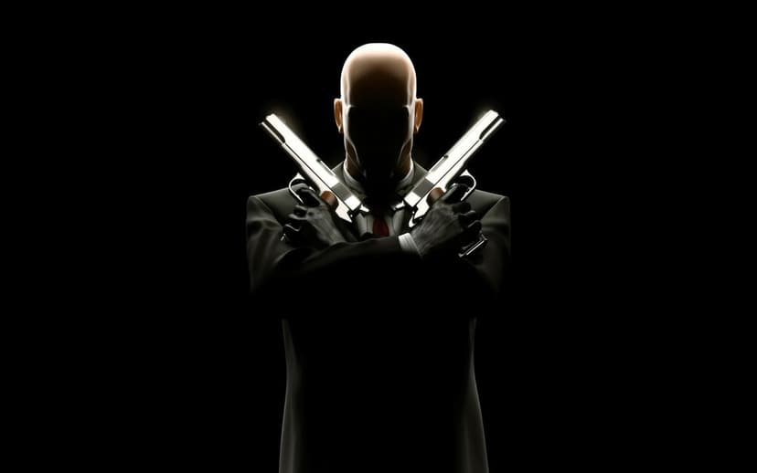 Agent 47 in a black suit with crossed silver pistols against a dark background with sharp rim lighting.