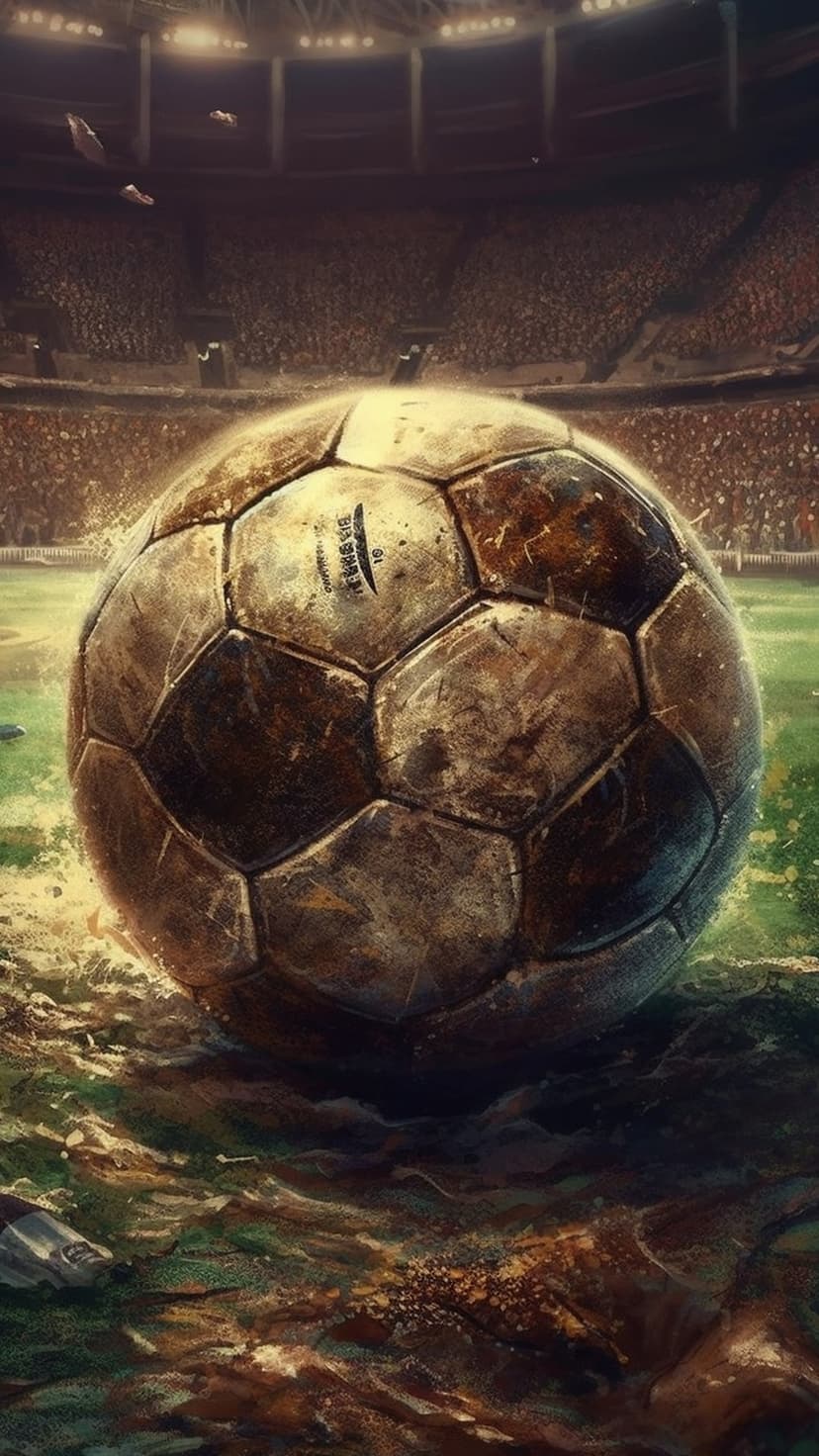 Weathered leather soccer ball resting on a dark muddy field with blurred stadium lights in the background.