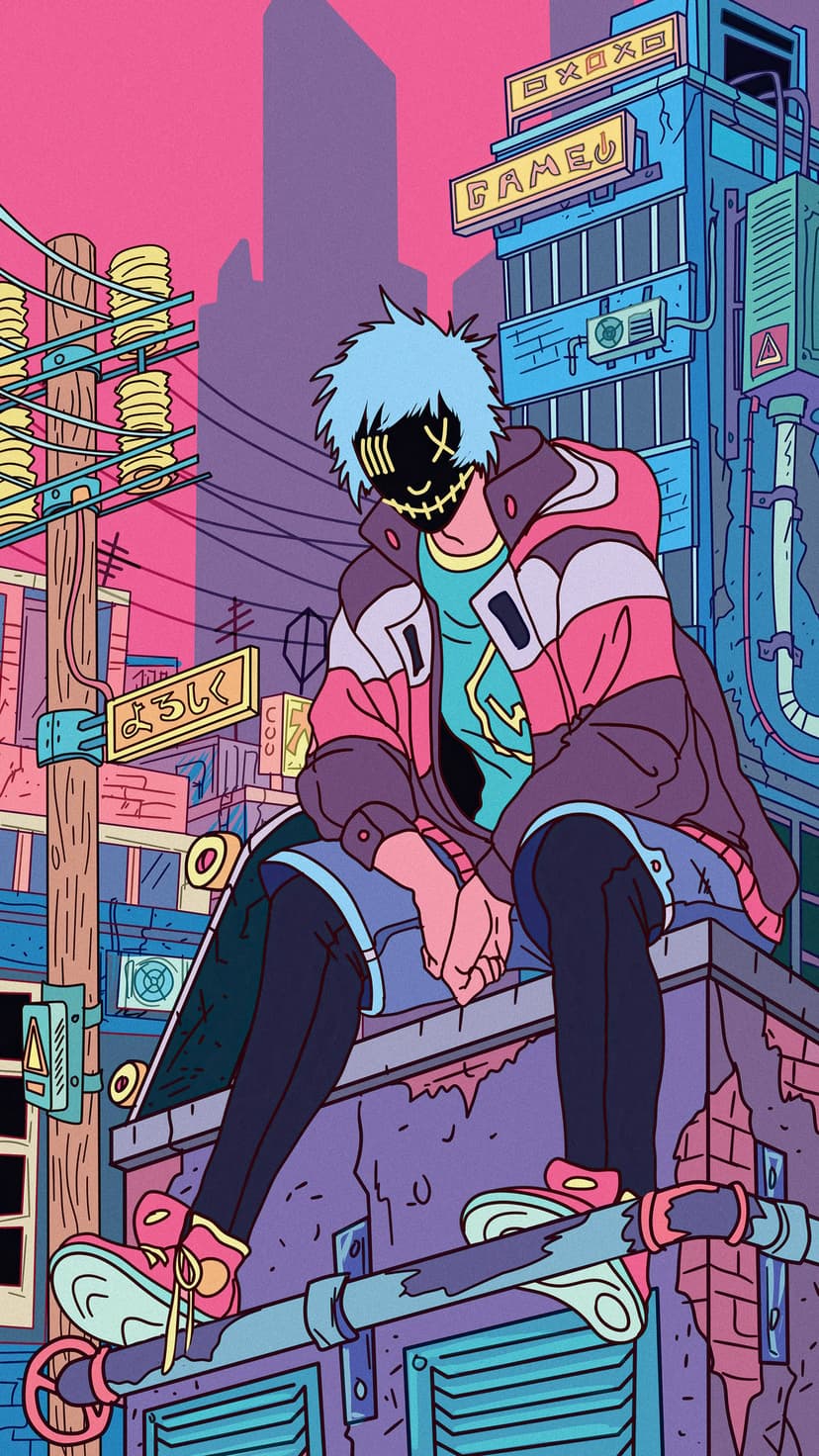 Masked street skater wearing a black hood and techwear mask standing against a glowing neon city background.