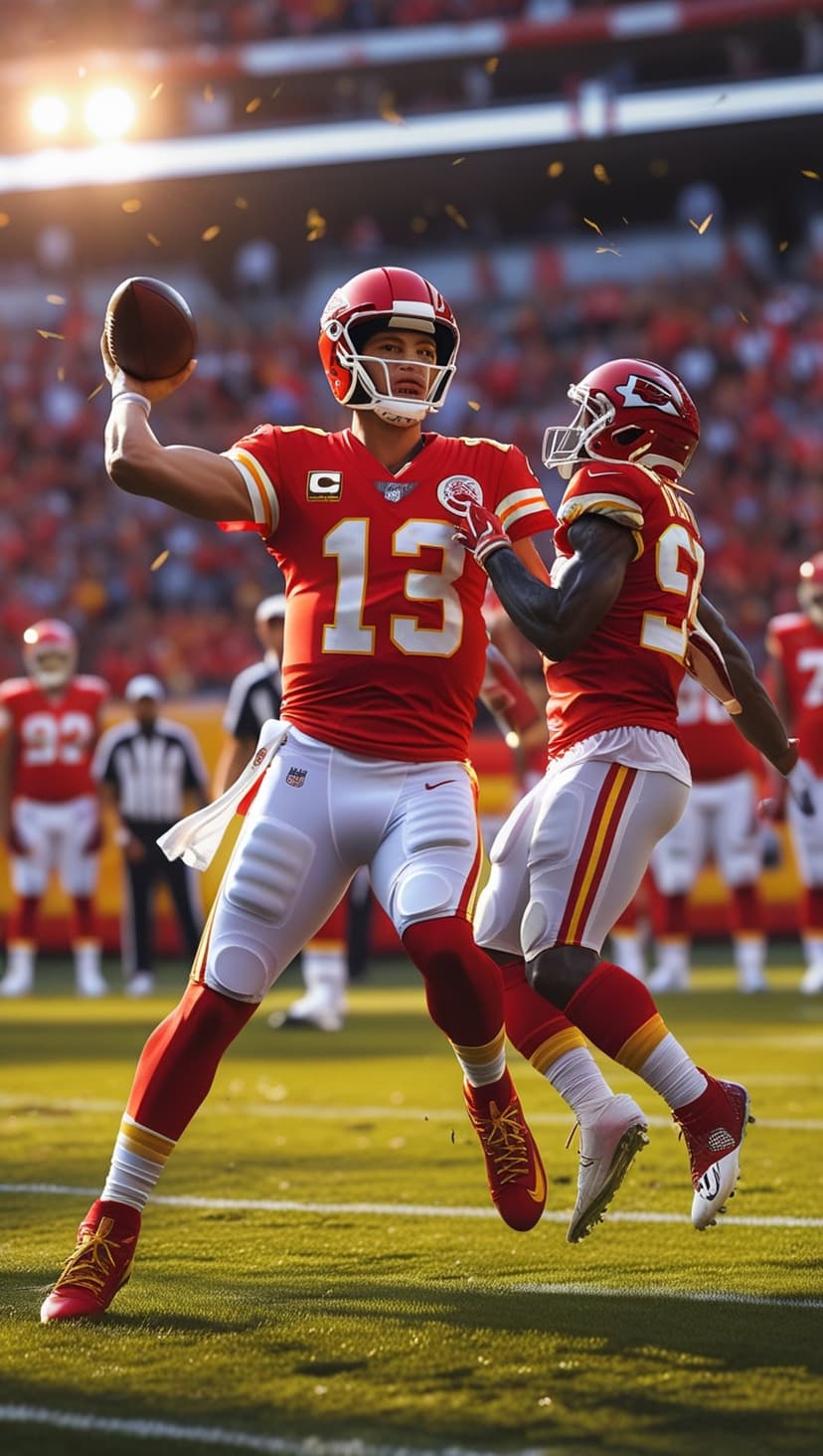 Patrick Mahomes and a teammate wear red Chiefs uniforms while confetti falls during a football game at night.
