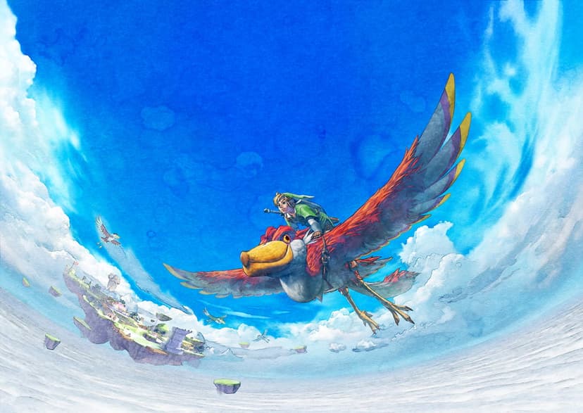 Link rides a large red bird through a bright blue sky with curved clouds and a floating island below.