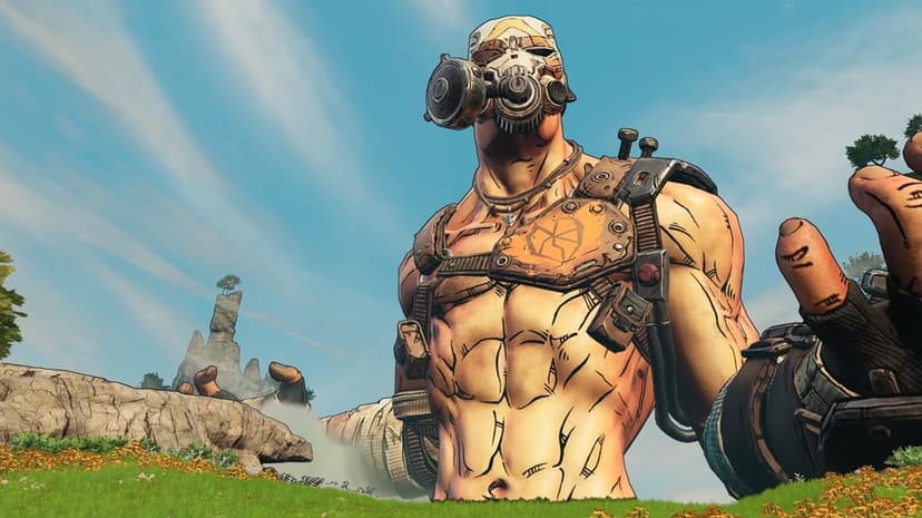 Muscular masked character towers over a grassy field with yellow flowers under a bright blue sky with clouds.