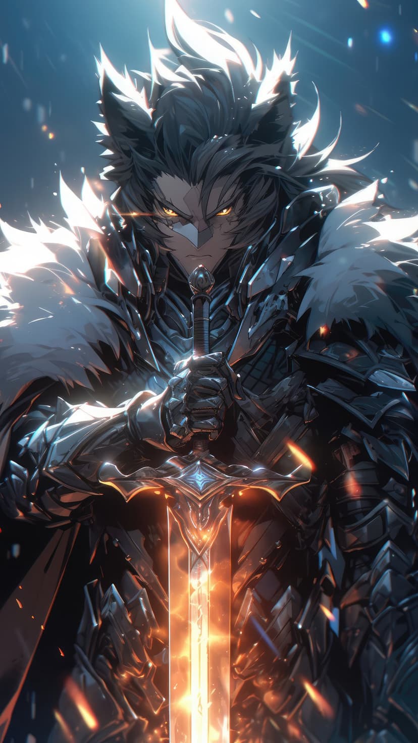 Wolf-eared warrior in dark armor holds a flaming sword with glowing orange embers floating in the dark atmosphere.