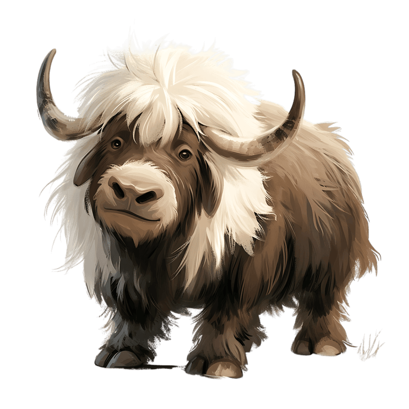 Musk ox illustration showing long brown shaggy fur and massive curved horns against a solid black background.