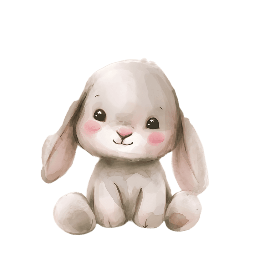 Watercolor white rabbit with floppy ears and pink cheeks sits against a solid black background with soft edges.