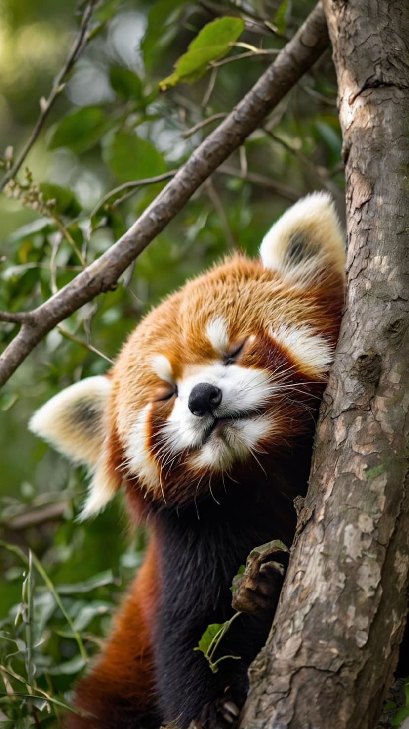 Red panda napping on a thick tree branch surrounded by soft green leaves with its eyes closed and ears upright.