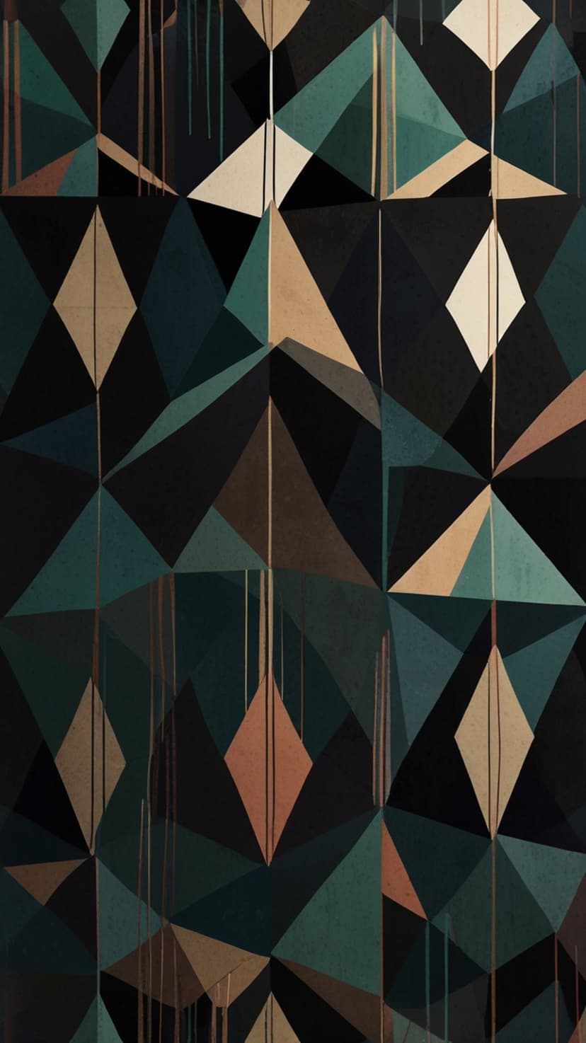 Teal and brown geometric diamonds with thin vertical lines form a structured Art Deco pattern on a dark base.