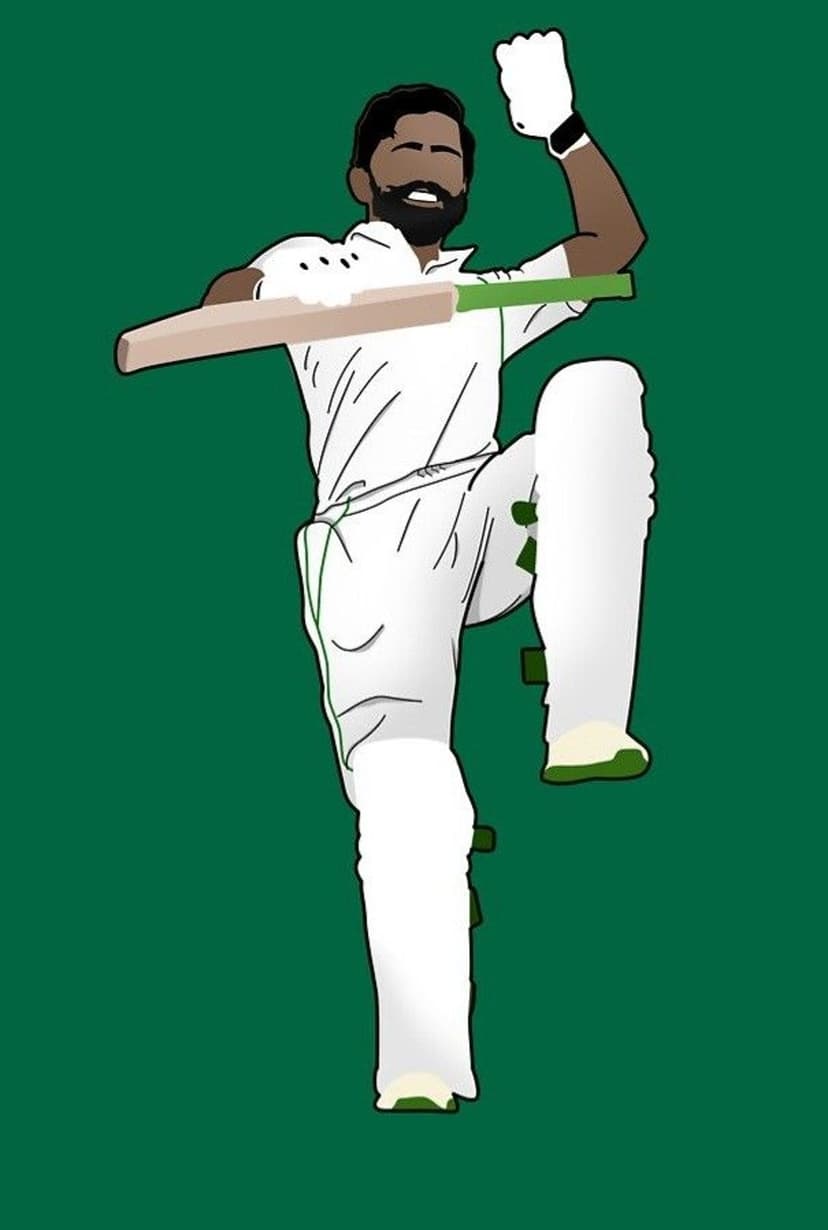 Bearded cricketer in white and green uniform raises a fist and bat in victory against a dark green background.