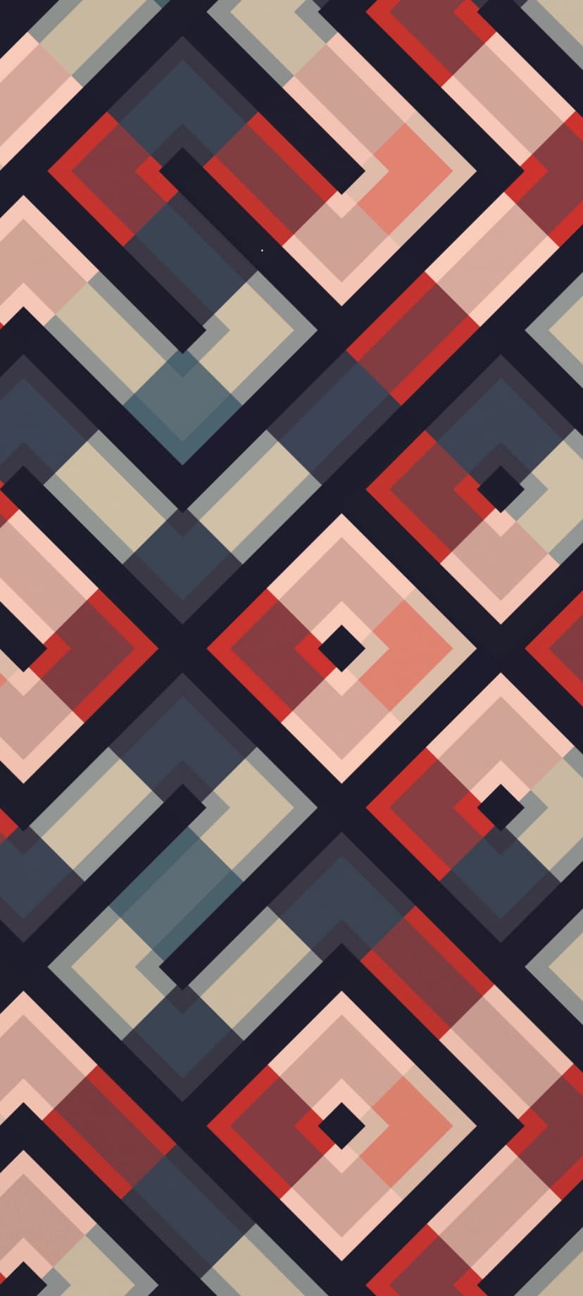Interlocking navy and red squares overlap with tan diamonds in a layered geometric pattern with subtle transparency.