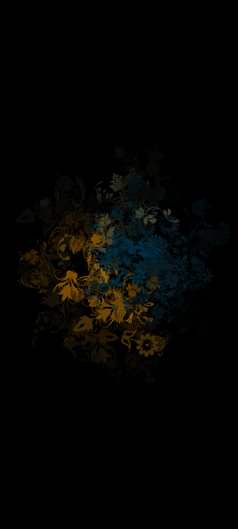 Ochre and teal botanical patterns with a stippled texture are scattered across a solid black background.
