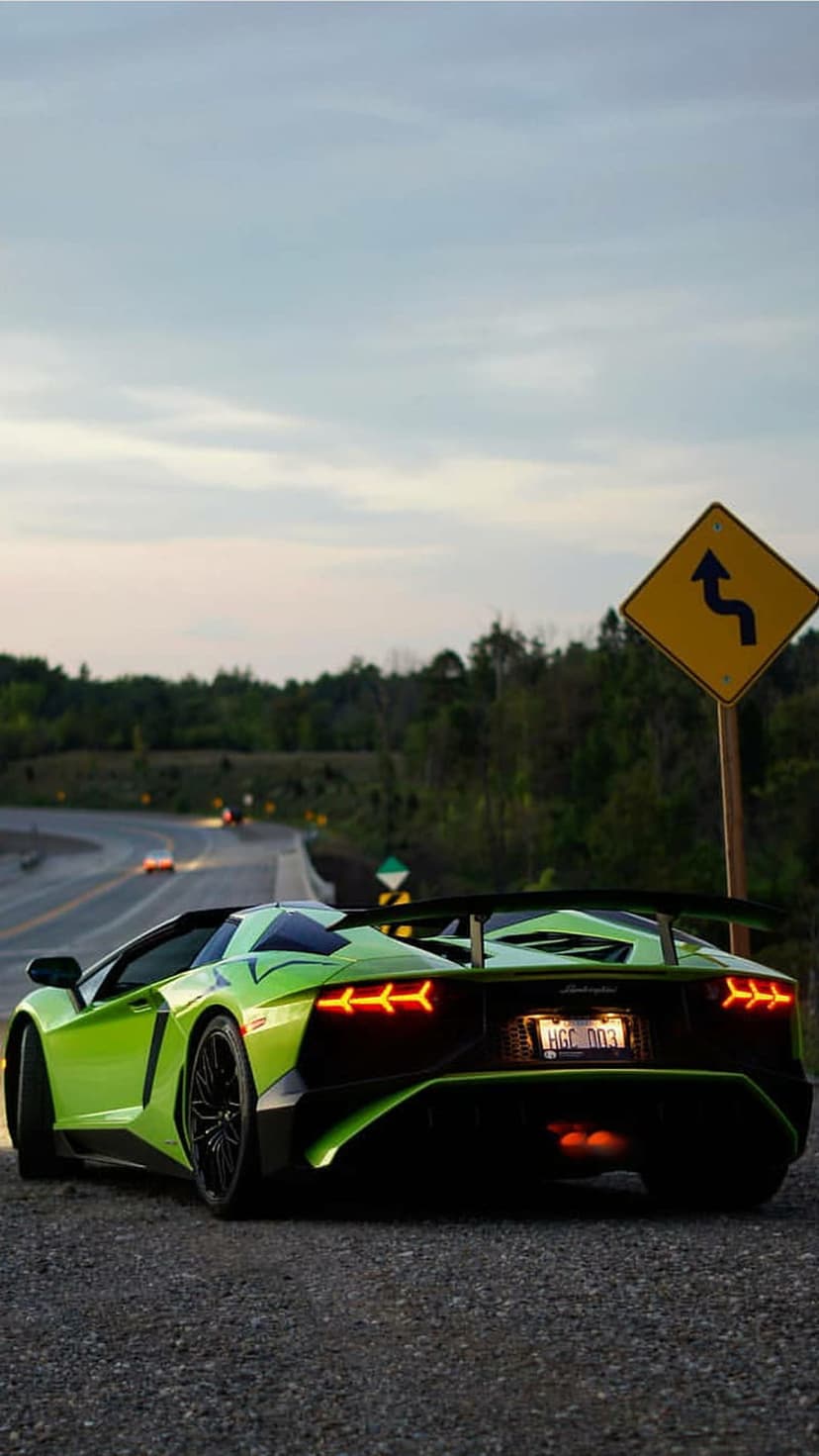 Green Lamborghini Aventador Roadster rear view on a winding road with glowing taillights during twilight.