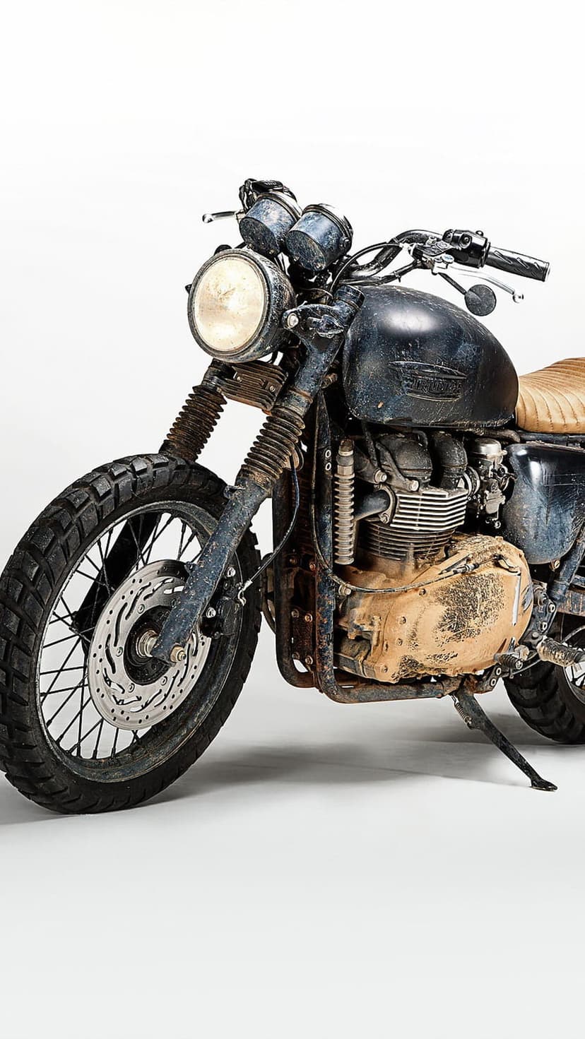 Muddy Triumph Scrambler motorcycle featuring weathered paint, knobby tires, and a detailed mechanical engine.