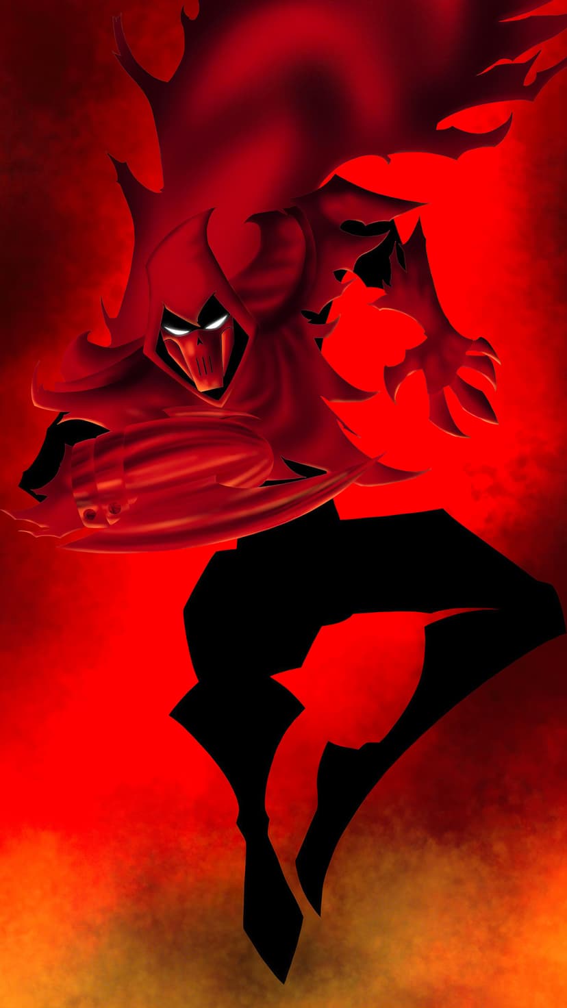 Masked ninja wearing a red hooded cloak with glowing white eyes stands amidst a swirling orange and red inferno.