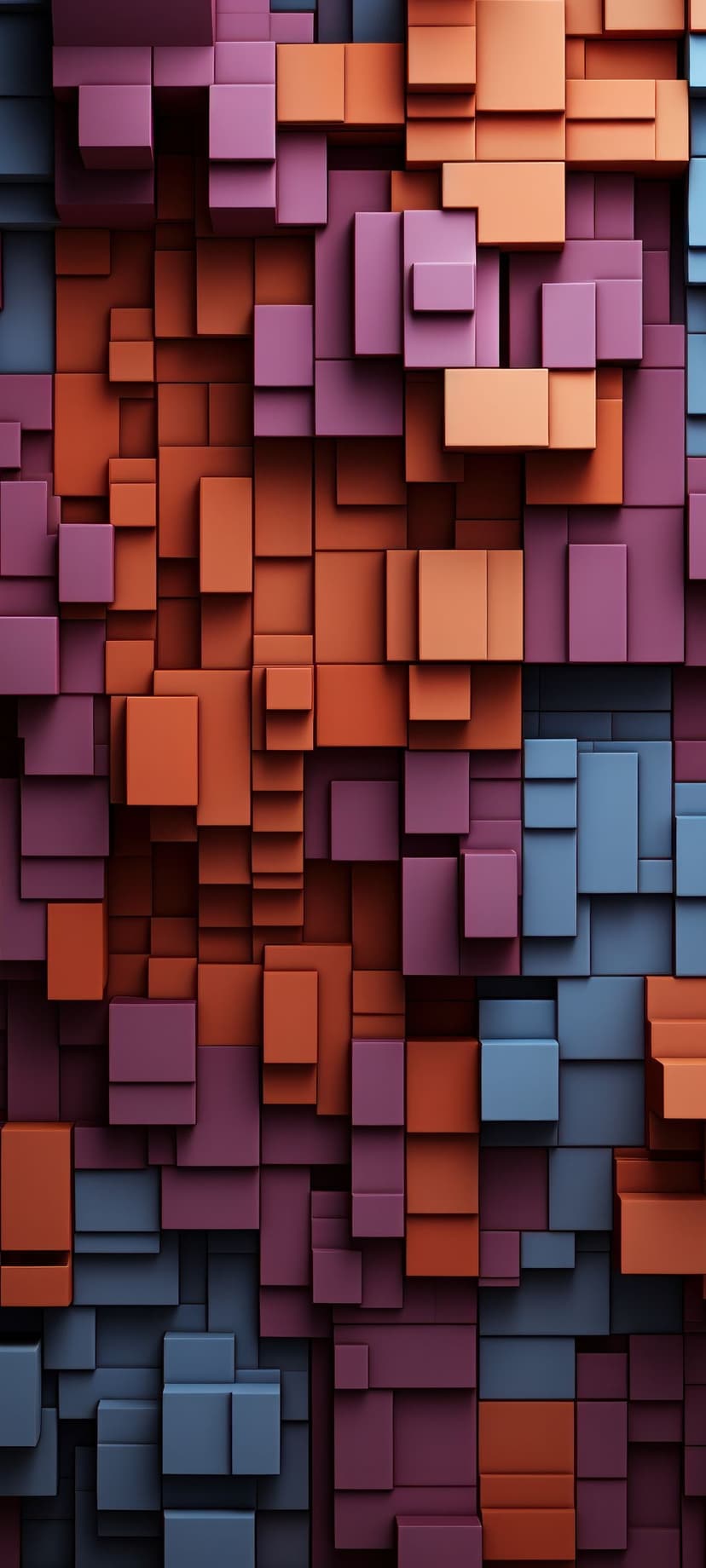 Purple, orange, and blue geometric cubes stacked at varying depths with dramatic lighting and soft shadows.