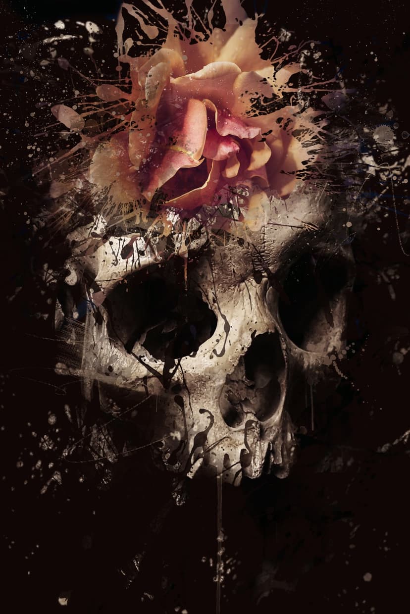 Human skull featuring a soft pink rose among chaotic white and dark paint droplets on a vertical canvas.