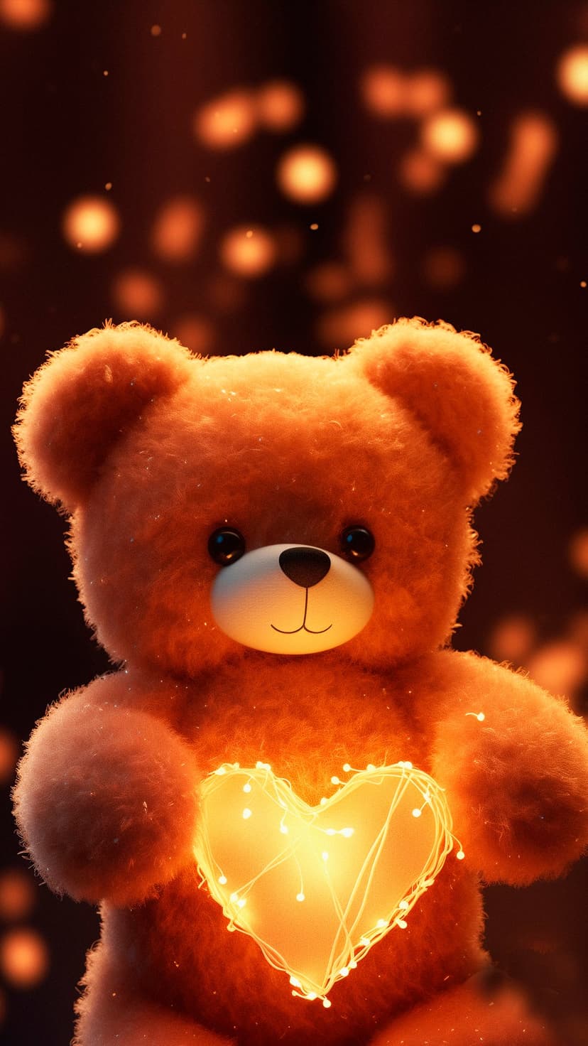 Fluffy orange teddy bear cradles a glowing heart made of fairy lights against a warm bokeh background.