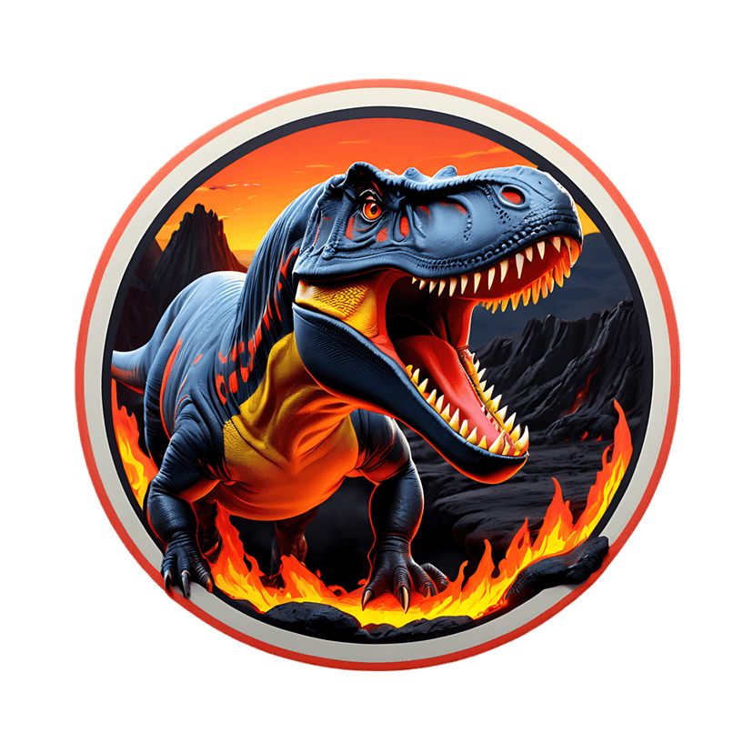 Blue tyrannosaurus rex roaring in front of a volcano with lava and an orange sky inside a round frame.