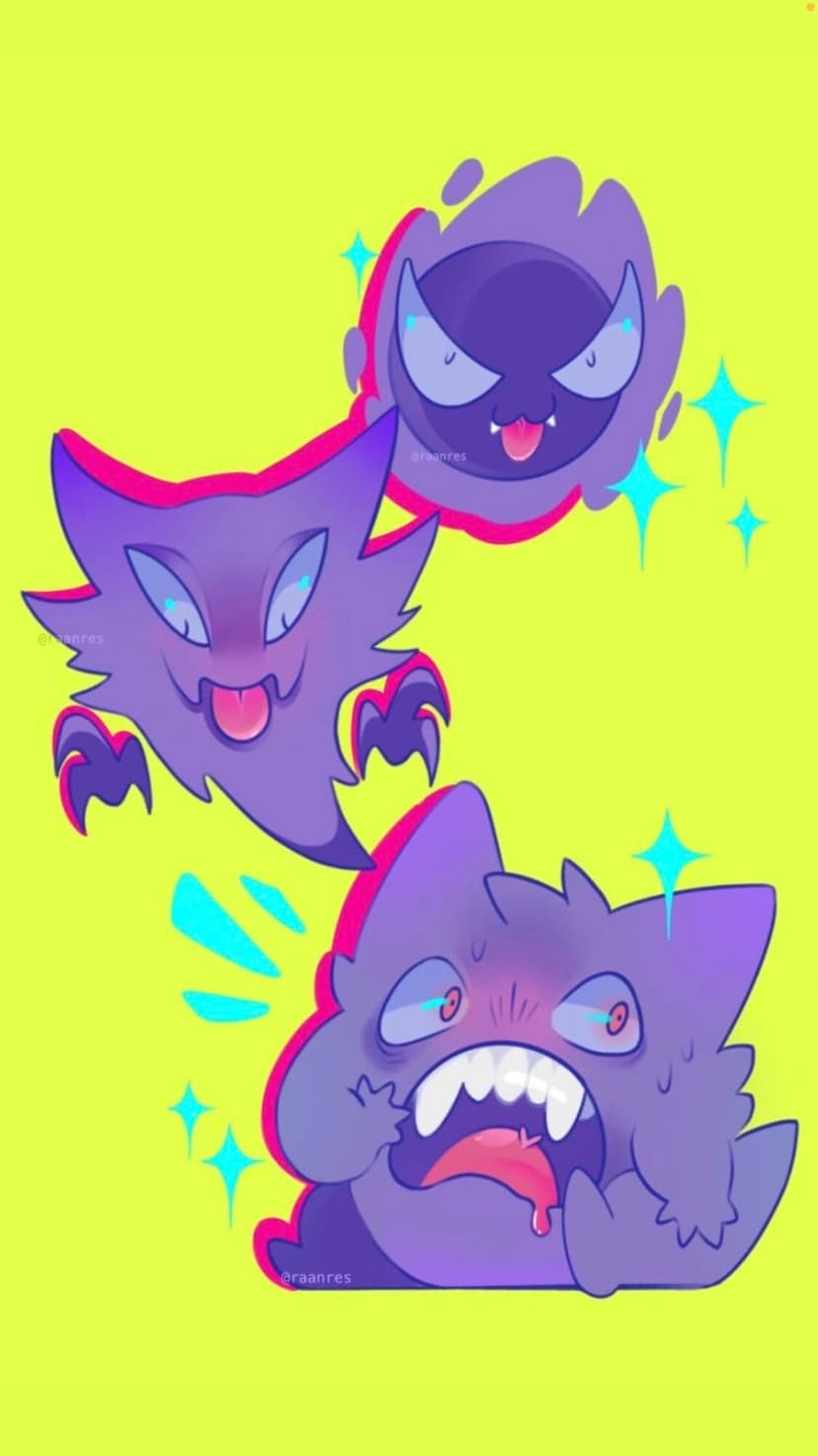 Gastly, Haunter, and Gengar with expressive faces and pink outlines on a bright yellow-green background.