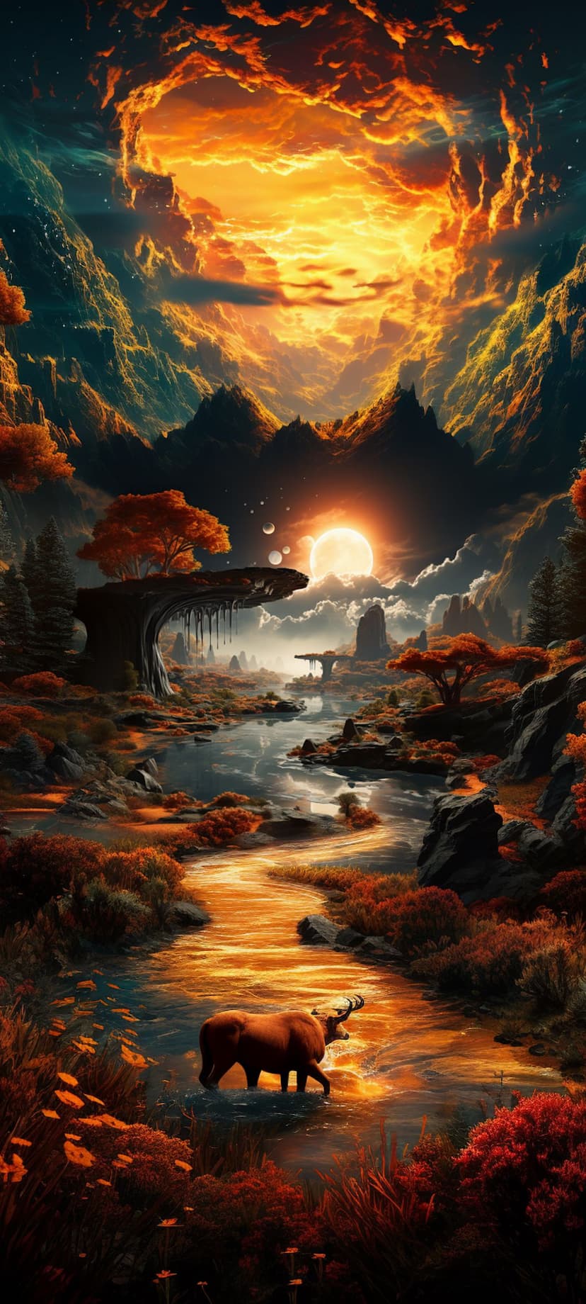 Stag with large antlers wades through a reflective river during a fiery mountain sunset with autumn trees.
