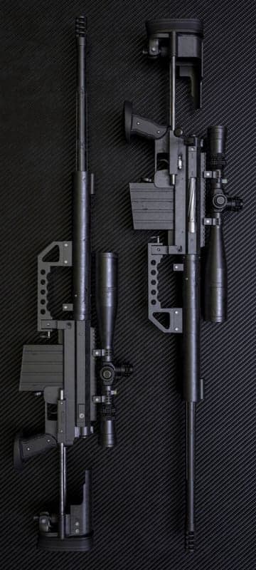 Two Black Sniper Rifles with Scopes on Dark Background