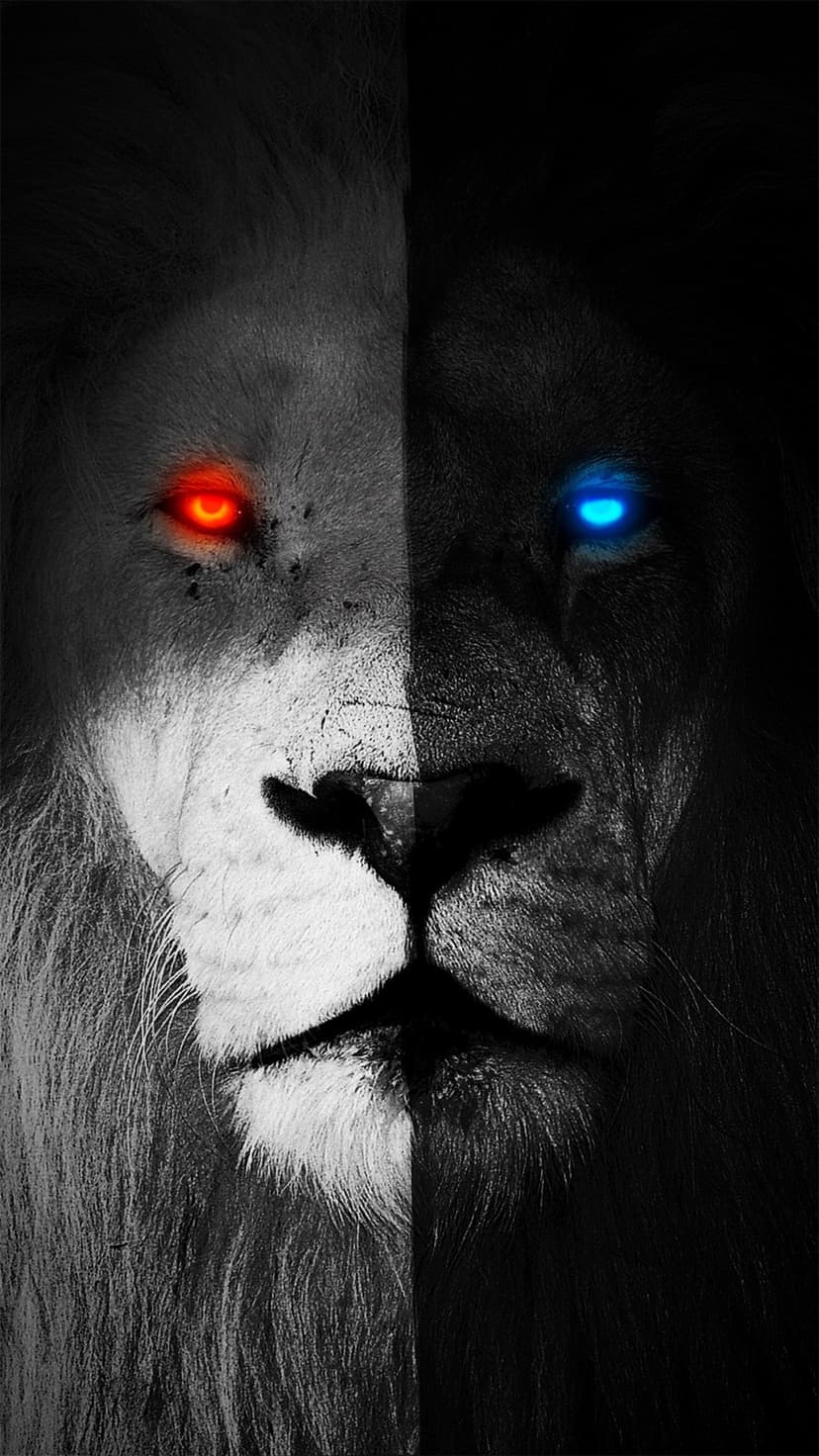 Lion with split blue and red eyes alongside Joaquin Phoenix, Heath Ledger, and Jack Nicholson as the Joker.