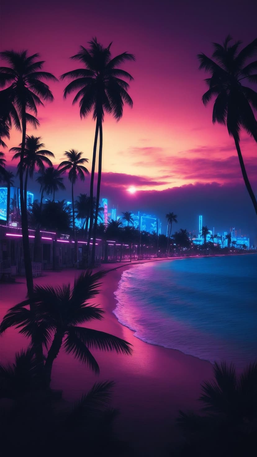 Palm tree silhouettes frame a vibrant pink and purple coastal city skyline at dusk with glowing ocean waves.