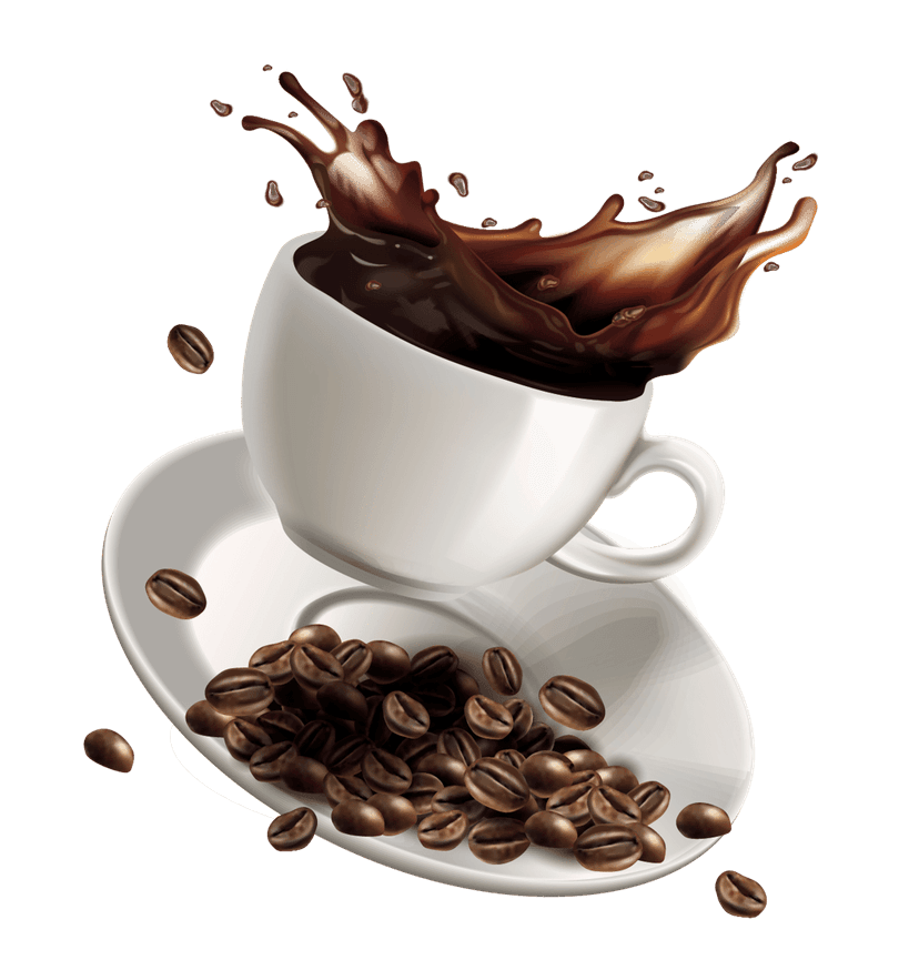 Coffee cup vector PNG with vibrant multicolored paint splashes and liquid milk swirls on white ceramic mug.