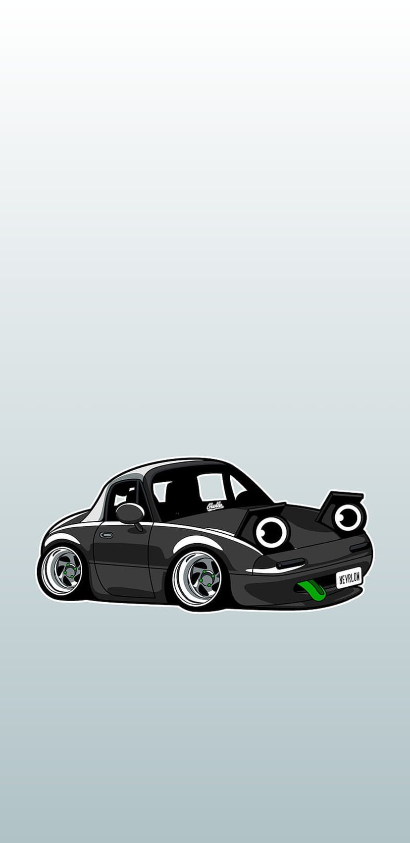 Black Miata car with pop-up headlight eyes and a green tongue sits low on custom wheels against a gradient.