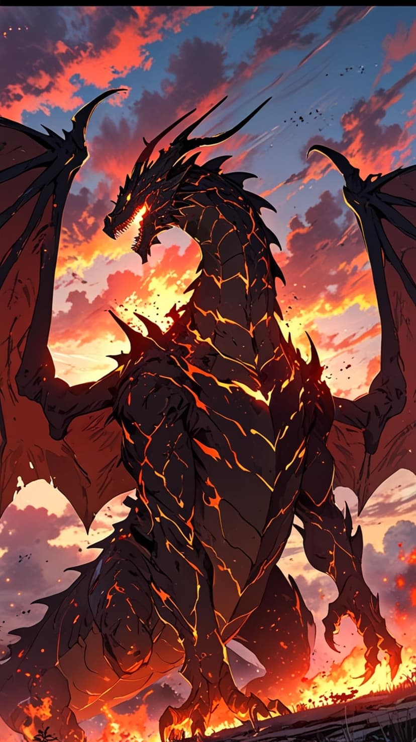 Obsidian dragon breathing fire against a sunset sky with spread wings and glowing orange scales on cracked earth.
