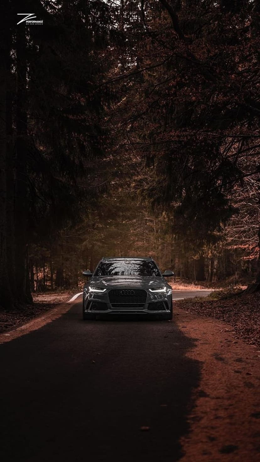 Audi RS6 Avant with glowing headlights drives along a dark, foggy forest road between tall pine trees at night.
