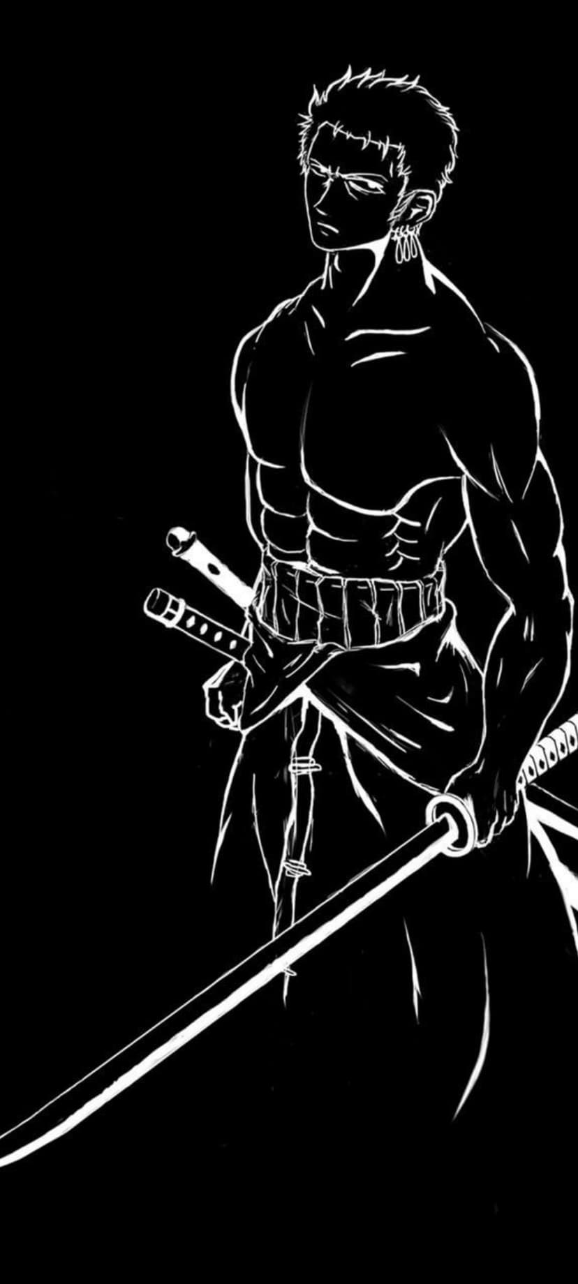 Roronoa Zoro stands in a powerful silhouette pose clutching three swords against a solid black backdrop.