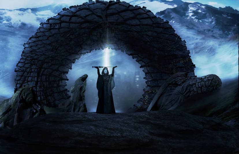 A hooded figure raises a glowing sphere under a stone arch while companions stand in shadows among misty peaks.