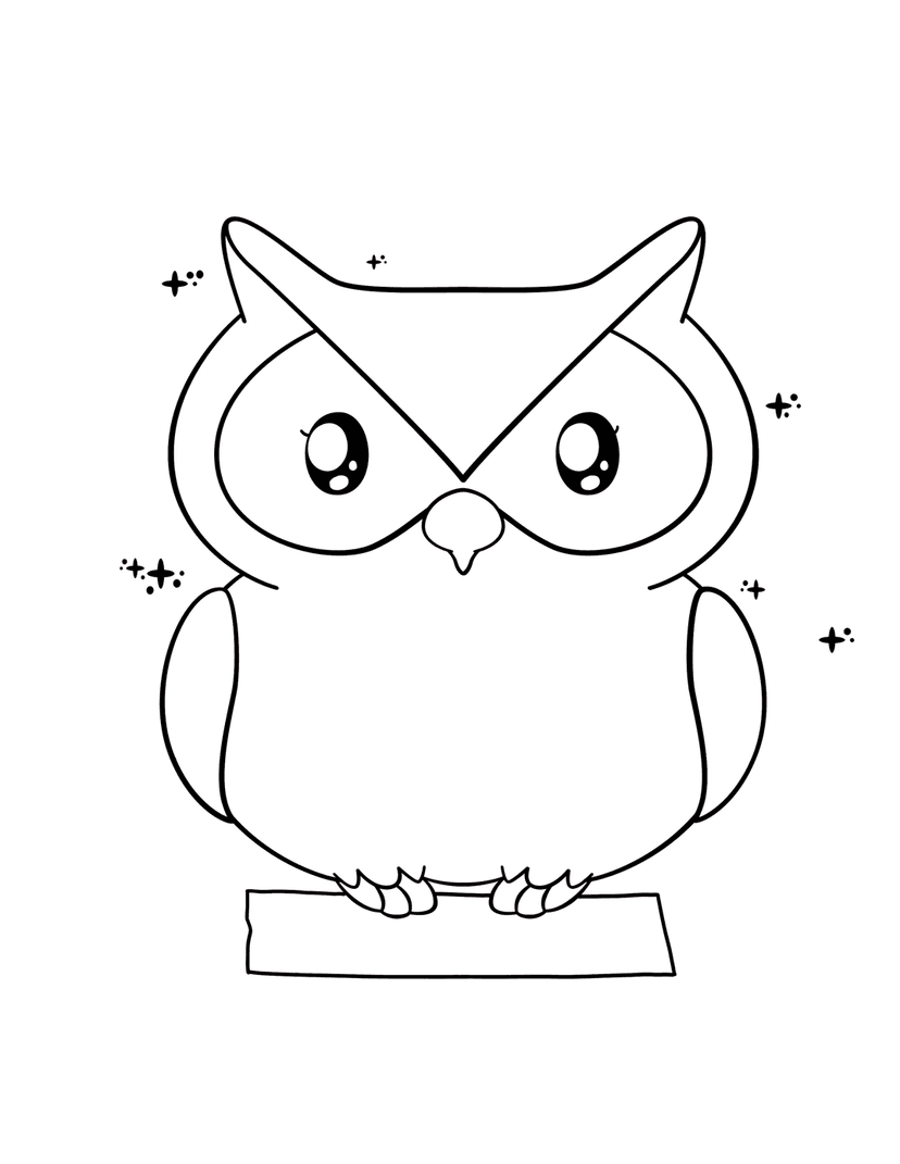 Owl coloring page illustration featuring a black and white bird perched on a log with small star details around.